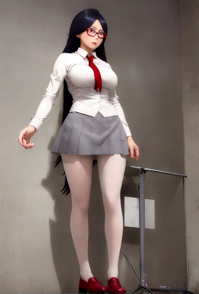 ((Best Quality)), ((Masterpiece)), (detailed), 1 girl, gray tailored suit, White shirt, tie, short gray skirt, red stockings, Red shoes. Nemuri Kayama, glasses, big breasts, medium glutes