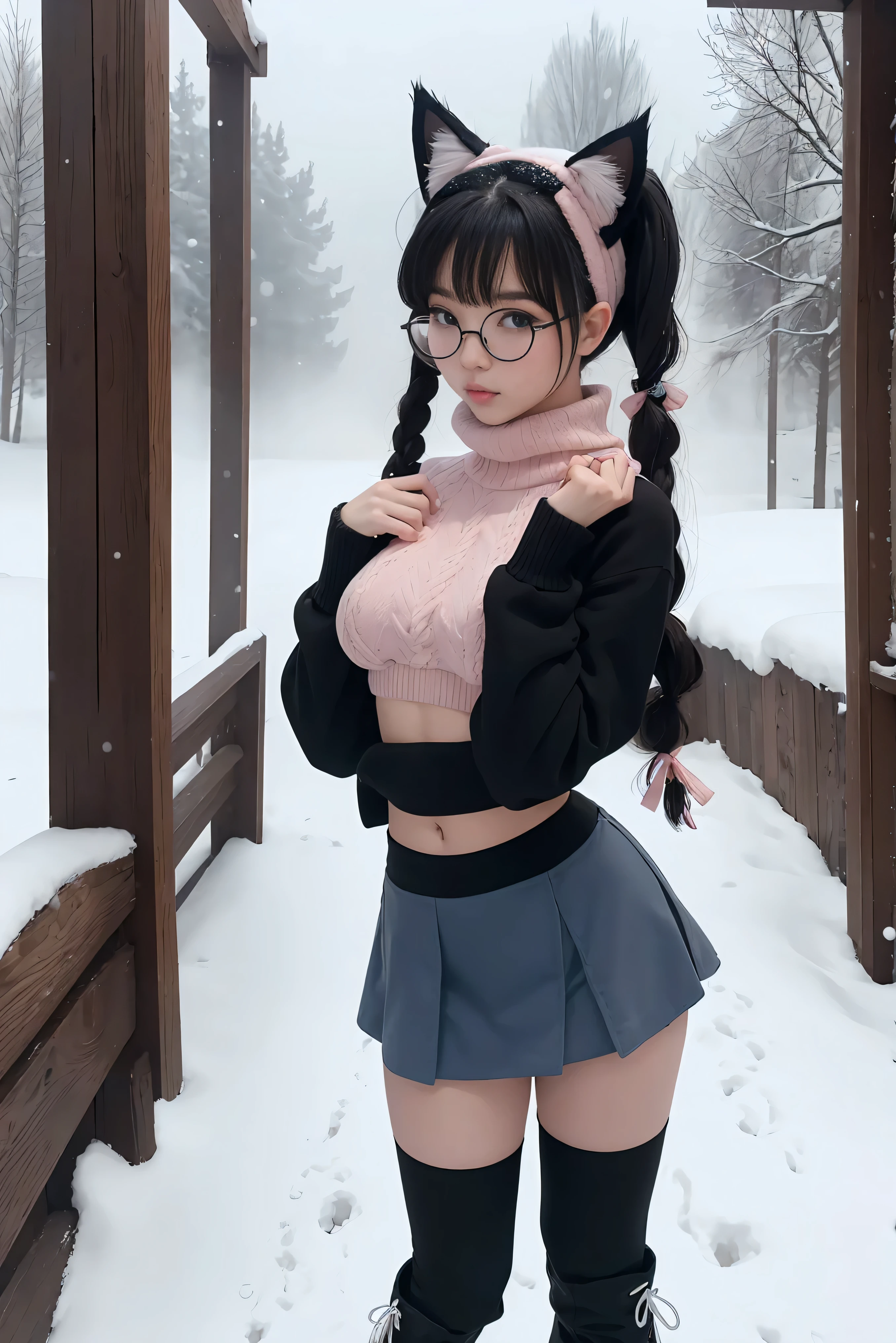 (Best Quality,High resolution:1.2), Ultra-detailed, Realistic portrait, hot Russian girl, pretty face, perfect long legs, full body, tiny waist. large breasts, standing, tight white cropped jumper, black high waist leggings, pink and white snow boots, in the snow, large blue eyes, long black hair tied up with a ribbon, pigtails, tight high waist mini skirt, woolen socks, hair bangs, snowing, foggy, (large round black rimmed glasses), cat ears, (large bow at the back of head, midriff)