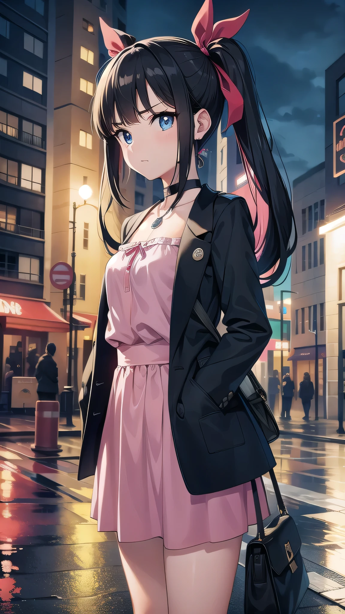 pokemonmarnie, pokemonmarnie, aqua eyes, asymmetrical bangs, asymmetrical hair, black hair, hair ribbon, long hair, red ribbon, ribbon, twintails, (small breasts:1.2),
BREAK backpack, bag, black choker, black jacket, choker, dress, earrings, jacket, jewelry, long sleeves, open clothes, pink bag, pink dress,
BREAK looking at viewer, full body, upper body,
BREAK outdoors, city, nights, lights, neonlights, wet road, reflections,
BREAK (masterpiece:1.2), best quality, high resolution, unity 8k wallpaper, (illustration:0.8), (beautiful detailed eyes:1.6), extremely detailed face, perfect lighting, extremely detailed CG, (perfect hands, perfect anatomy),