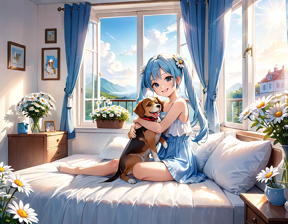 The room is decorated with many daisies.、Margaret flowers on the windowsill、The morning sun is shining、Long light blue hair、Beautiful girl with twin tails、Sitting on the bed holding a large pillow、Bright smile、There is a dog next to the bed.