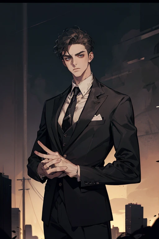 ((One young man with a black suit and tie)), gotham, alejandro, (((side swept dark short hair))), (dark green eyes and thick eyebrows), smirk, ((30 years old)), ((masterpiece)), posture dynamic, ((cinematic lighting)), (height tall around 5'6)