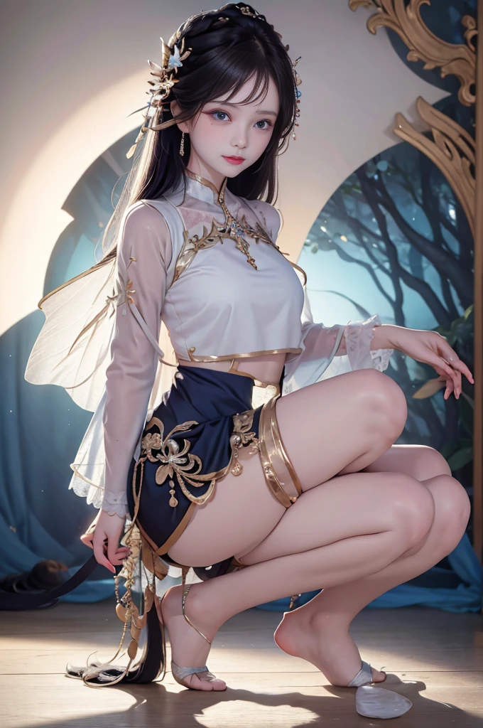 fullbody, sitting,posing squatting,confidently in a white striking bodysuit with geometric cutouts that highlight her stunning features. a spanish lady,highest quality. ,blue eye, woman posing confidently in front of a crisp  background, her long hair flowing down her back like a golden waterfall. Radiant smile illuminates her face as she showcases her toned physique in transparency yoga shorts and crop top. Camera zooms in with sharp focus on her eyes, highlighting individual skin pores and every detail. Shot in 8K high definition, perfectly lit to emphasize her beauty. Edited in Adobe Lightroom for optimal color accuracy, A soft and ethereal bodysuit, with delicate lace and flowing fabric, fit for a fairy or other mystical creature...,from below