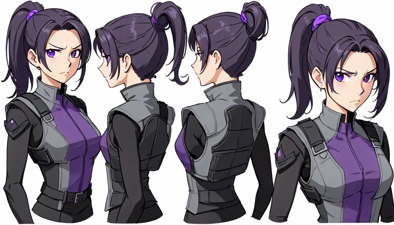 multiple views,reference sheet, model sheet, One Mature female,human, Dark hair with purple strands, Ponytail, purple eyes,black outfit,wearing gray bulletproof vest, neutral expression, Head Shot,Front facing view,Back view,Side view,Top view,Symmetric, beautiful, masterpiece, best quality, perfect lighting,8k,simple white background.