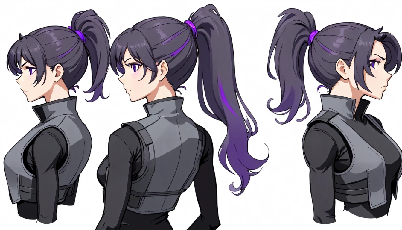 multiple views,reference sheet, model sheet, One Mature female,human, Dark hair with purple strands, Ponytail, purple eyes,black outfit,wearing gray bulletproof vest, neutral expression, Head Shot,Front facing view,Back view,Side view,Top view,Symmetric, beautiful, masterpiece, best quality, perfect lighting,8k,simple white background.