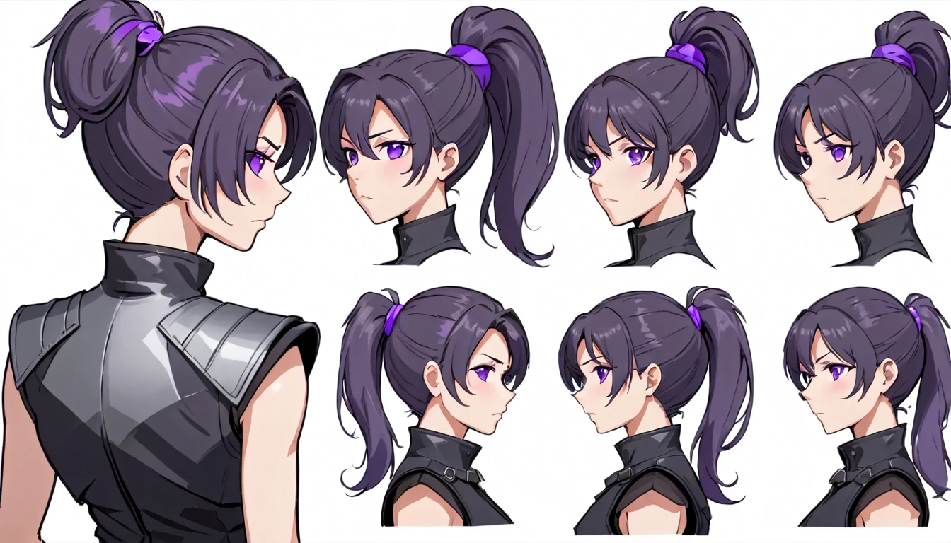 multiple views,reference sheet, model sheet, One Mature female,human, Dark hair with purple strands, Ponytail, purple eyes,black outfit,wearing gray bulletproof vest, neutral expression, Head Shot,Front facing view,Back view,Side view,Top view,Symmetric, beautiful, masterpiece, best quality, perfect lighting,8k,simple white background.