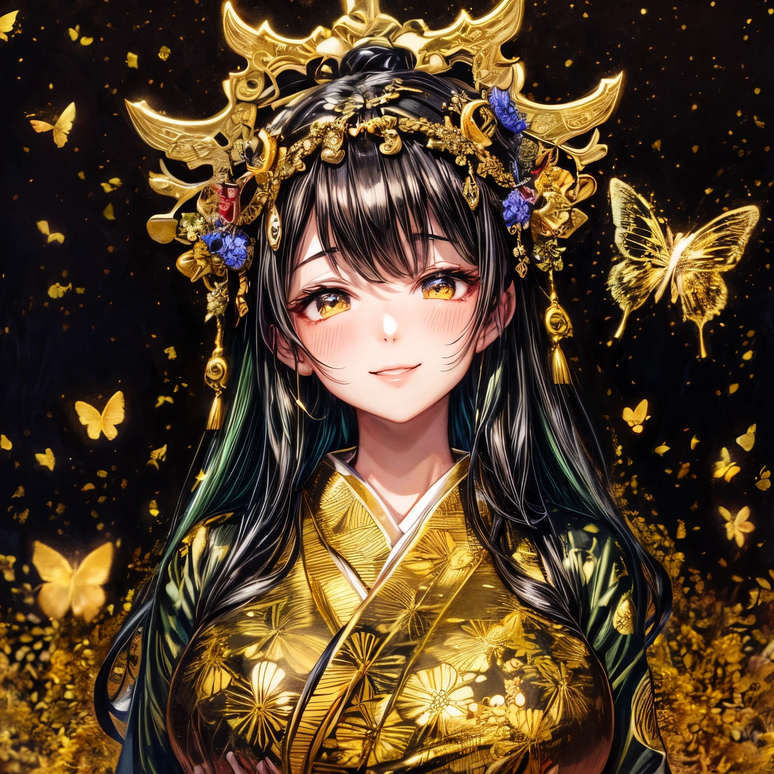 black background, in the art nouveau style, with many small flowers and plants, a Oiran surrounded by butterflies, Japanese fans, Japanese patterned paper in the corners, with delicate details, in dark gold and light green colors, a colorful design, in the ukiyoe style, black ground, in dark purple and white colors, (Big breasts), (Black hair :1.3), (Cute pose: 1.2), Plump and glossy lips, beautiful clear eyes, (Vest (Smile), Spoken Heart, (Perfect Hand: 1.2), (gold Theme: 1.4), (Maxi-length black kimono), with high resolution,32k, Top quality, Super detail, Masterpiece,