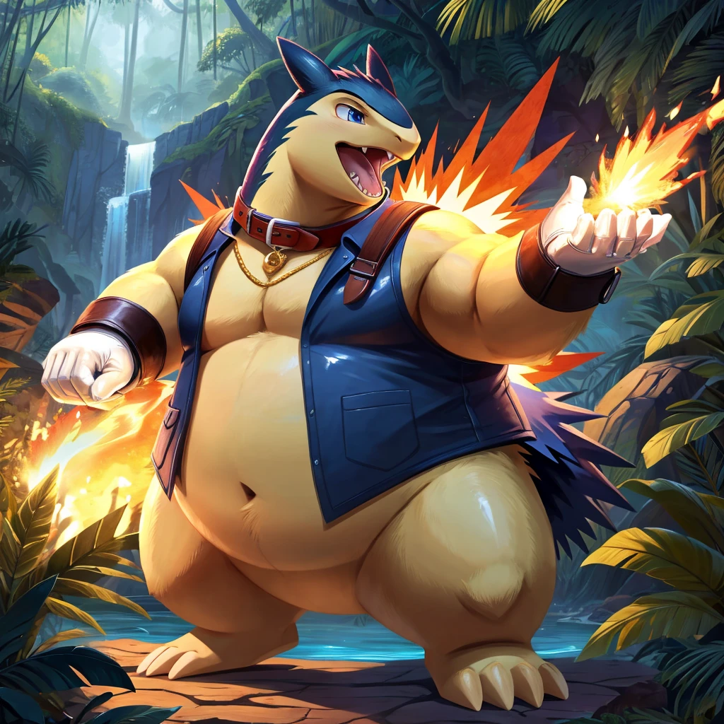 Male, fat, extremely obese, gentleman, Typhlosion, blue eyes, (posing:1.3), (soft shading), 4k, hi res, ((detailed face, detailed)), looking upward, breathing fire, gaping mouth, jungle, forest, shirt, top hat, male focus, Explorer Outfit, glasses, monocle, bag, vest, backpack, sleeves rolled up, round eyewear, brown headwear, brown vest, Typhlosion is wearing a glossy leather dog collar around the neck, Typhlosion is wearing the leather collar and shirt and vest at the same time, Typhlosion is wearing glossy white rubber gloves on the hands, wearing white rubber gloves on the feet, Typhlosion is wearing glossy white cuffs around the wrists and ankles, gold cufflinks gloves are rubber in texture, clenching teeth, clenching fists, leather collar is glossy and shiny with a lot of detail, Typhlosion is wearing gloves and cuffs and cufflinks at the same time.