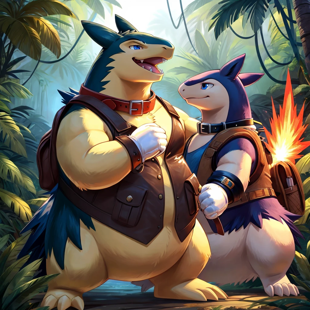 Male, fat, extremely obese, gentleman, Typhlosion, blue eyes, (posing:1.3), (soft shading), 4k, hi res, ((detailed face, detailed)), looking upward, breathing fire, gaping mouth, jungle, forest, shirt, top hat, male focus, Explorer Outfit, glasses, monocle, bag, vest, backpack, sleeves rolled up, round eyewear, brown headwear, brown vest, Typhlosion is wearing a glossy leather dog collar around the neck, Typhlosion is wearing the leather collar and shirt and vest at the same time, Typhlosion is wearing glossy white rubber gloves on the hands, wearing white rubber gloves on the feet, Typhlosion is wearing glossy white cuffs around the wrists and ankles, gold cufflinks gloves are rubber in texture, clenching teeth, clenching fists, leather collar is glossy and shiny with a lot of detail, Typhlosion is wearing gloves and cuffs and cufflinks at the same time.
