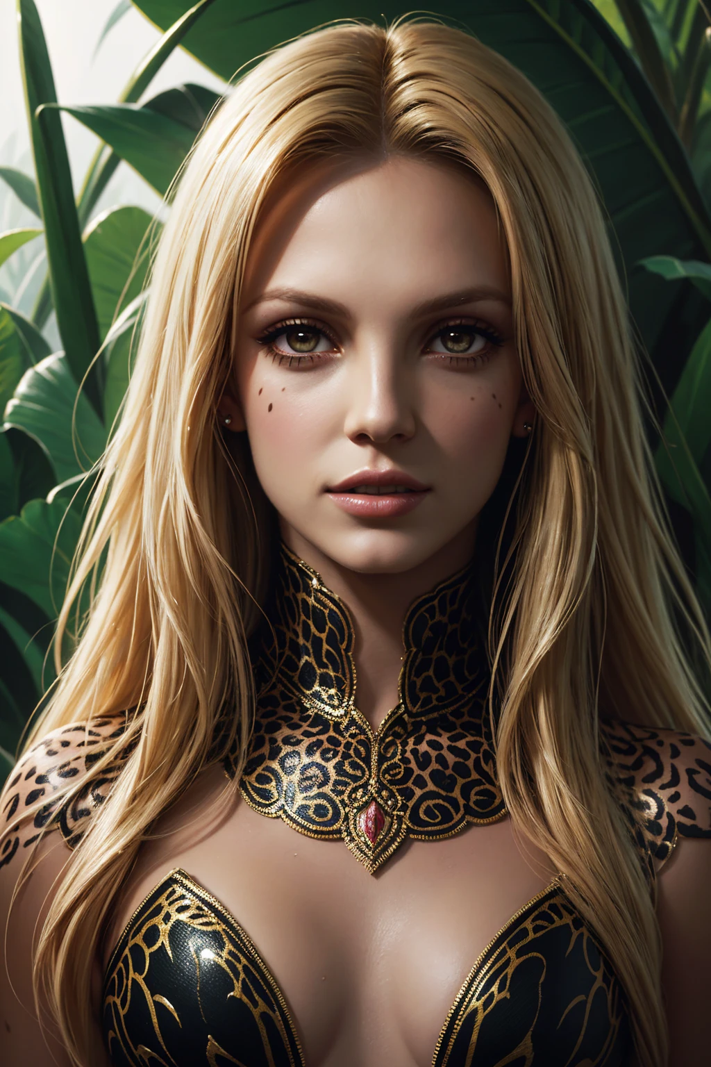 36k, portrait Britney Spears, wearing cheetah costume, against the background of the jungle, character portrait, 7 9 9 0 s, long hair, intricate, elegant, highly detailed, digital painting, artstation, concept art, smooth, sharp focus, illustration, art by wlop, charlie bowater and alexandra fomina