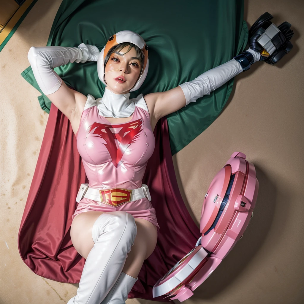 ANI_CLASSIC_jun_gatchaman_ownwaifu,1girl, ,good anatomy, masterpiece, best quality,realistic, hyperrealistic, 16k hdr, long hair,breasts,green eyes,lips,large breasts,lipstick,makeup,gloves,cape,helmet,belt,elbow gloves,white gloves,mask,ultra miniskirt,leotard,spacesuit,white tight overknee highheels boots,pink dress,superhero,bodysuit,cleavage,erected nipples,(lying flat poses, view from above),cameltoe