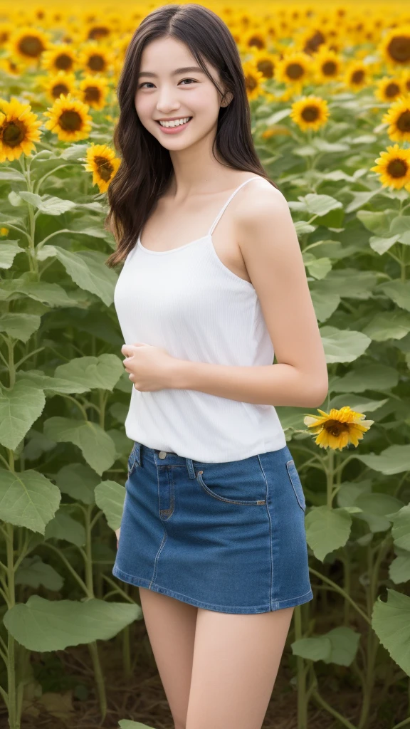 8K, beautiful elementary school girl, lovely smile, black hair, detailed beautiful face, white camisole, sunflower field, very strong wind, decolletage, sitting on the buttocks