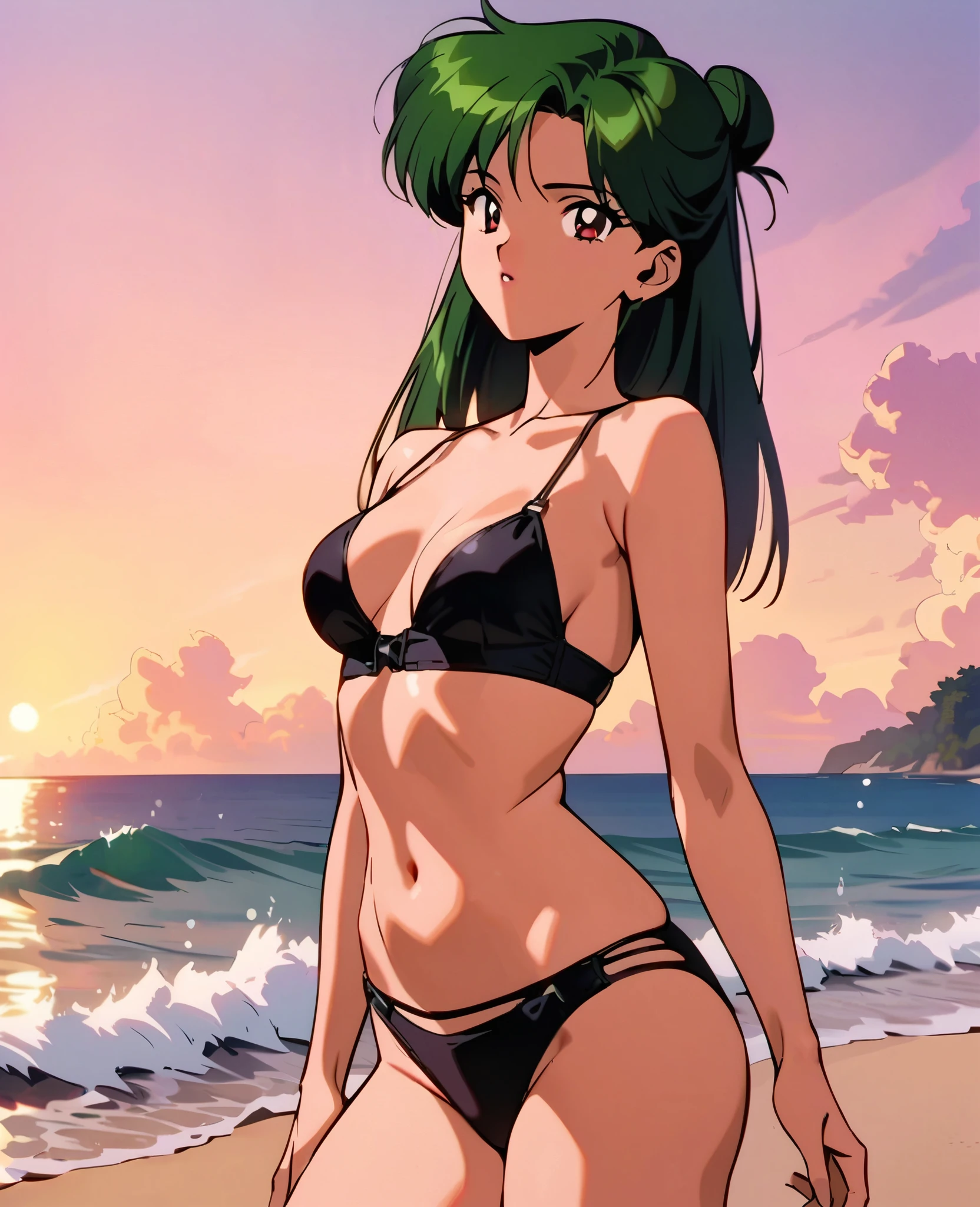 masterpiece,best quality,very aesthetic,ultra detailed,intricate details,1girl,solo,1990s \(style\),carmine eyes,hair bun,single hair bun,long hair,dark green hair,black bikini,cowboy shot,on beach,