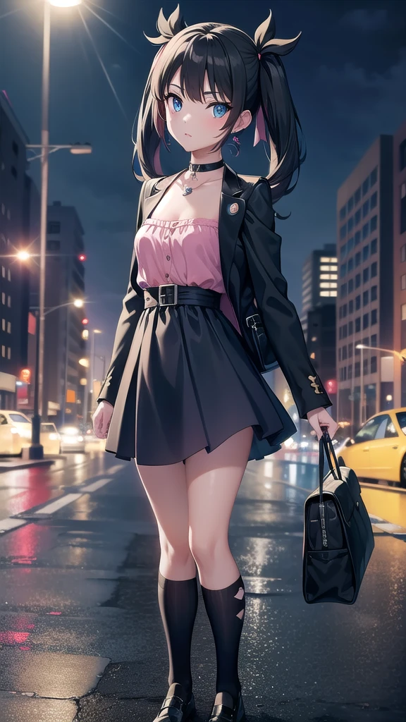 pokemonmarnie, pokemonmarnie, aqua eyes, asymmetrical bangs, asymmetrical hair, black hair, hair ribbon, long hair, red ribbon, ribbon, twintails, (small breasts:1.2),
BREAK backpack, bag, black choker, black jacket, choker, dress, earrings, jacket, jewelry, long sleeves, open clothes, pink bag, pink dress,stockings,wet clothes,transparent clothes,
BREAK looking at viewer, full body,
BREAK outdoors, city, nights, lights, neonlights, wet road, reflections,
BREAK (masterpiece:1.2), best quality, high resolution, unity 8k wallpaper, (illustration:0.8), (beautiful detailed eyes:1.6), extremely detailed face, perfect lighting, extremely detailed CG, (perfect hands, perfect anatomy),