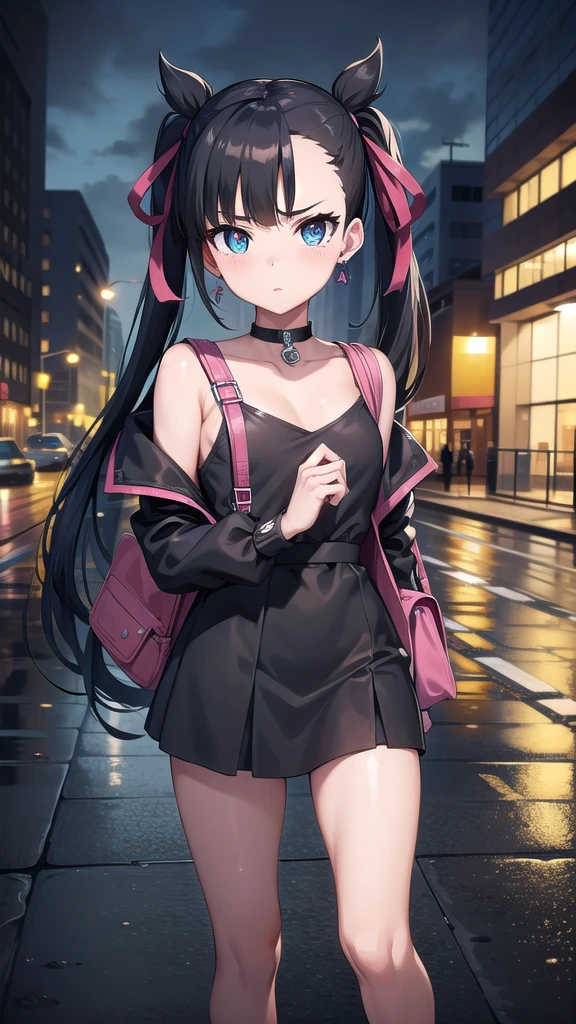 pokemonmarnie, pokemonmarnie, aqua eyes, asymmetrical bangs, asymmetrical hair, black hair, hair ribbon, long hair, red ribbon, ribbon, twintails, (small breasts:1.2),
BREAK backpack, bag, black choker, black jacket, choker, dress, earrings, jacket, jewelry, long sleeves, open clothes, pink bag, pink dress,stockings,wet clothes,transparent clothes,
BREAK looking at viewer, full body,
BREAK outdoors, city, nights, lights, neonlights, wet road, reflections,
BREAK (masterpiece:1.2), best quality, high resolution, unity 8k wallpaper, (illustration:0.8), (beautiful detailed eyes:1.6), extremely detailed face, perfect lighting, extremely detailed CG, (perfect hands, perfect anatomy),