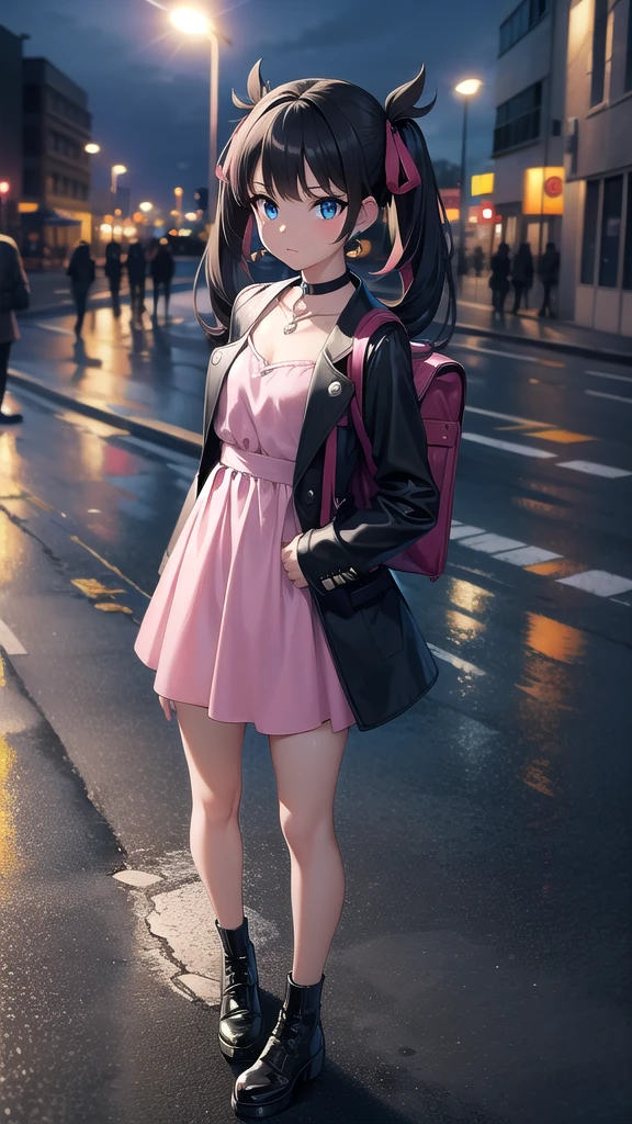 pokemonmarnie, pokemonmarnie, aqua eyes, asymmetrical bangs, asymmetrical hair, black hair, hair ribbon, long hair, red ribbon, ribbon, twintails, (small breasts:1.2),
BREAK backpack, bag, black choker, black jacket, choker, dress, earrings, jacket, jewelry, long sleeves, open clothes, pink bag, pink dress,stockings,wet clothes,transparent clothes,
BREAK looking at viewer, full body,
BREAK outdoors, city, nights, lights, neonlights, wet road, reflections,
BREAK (masterpiece:1.2), best quality, high resolution, unity 8k wallpaper, (illustration:0.8), (beautiful detailed eyes:1.6), extremely detailed face, perfect lighting, extremely detailed CG, (perfect hands, perfect anatomy),