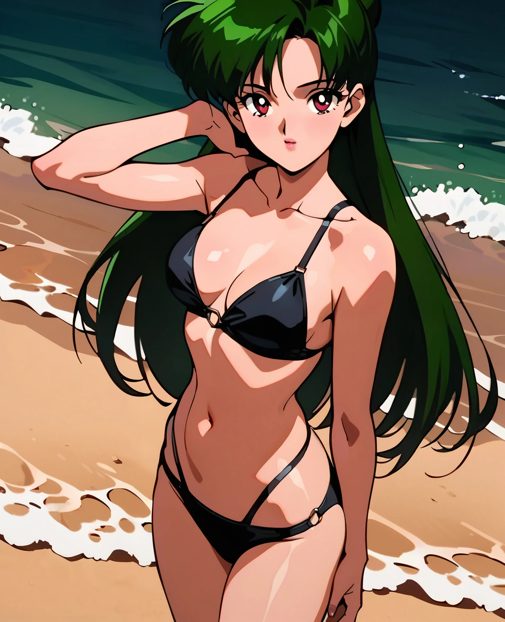 masterpiece,best quality,very aesthetic,ultra detailed,intricate details,1girl,solo,1990s \(style\),carmine eyes,hair bun,single hair bun,long hair,dark green hair,black bikini,cowboy shot,on beach,