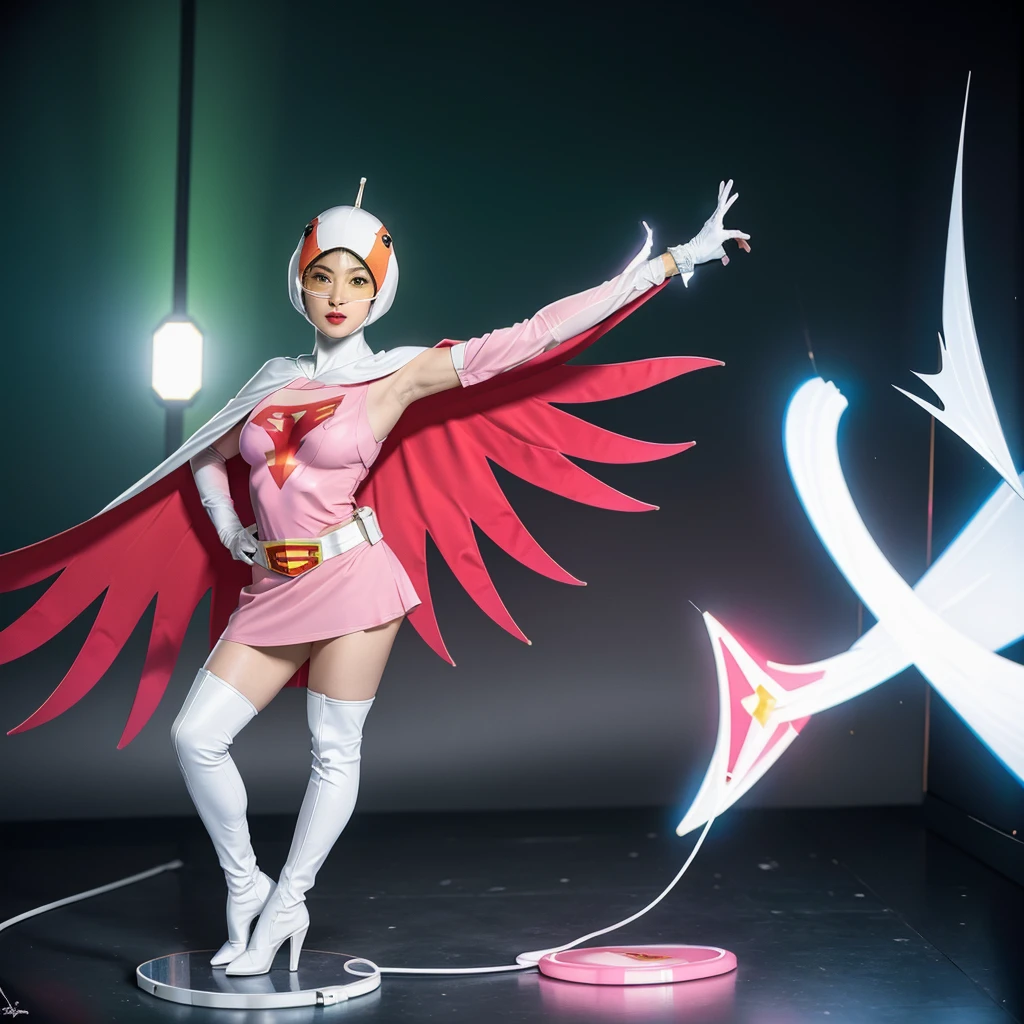 ANI_CLASSIC_jun_gatchaman_ownwaifu,1girl, 15 years old,good anatomy, masterpiece, best quality,realistic, hyperrealistic, 16k hdr,breasts,green eyes,lips,large breasts,lipstick,makeup,gloves,cape,helmet,belt,elbow gloves,white gloves,mask,ultra miniskirt,leotard,spacesuit,white tight overknee highheels boots,pink dress,superhero,bodysuit,cleavage,erected nipples,((stand poses,hands on hip)),cameltoe