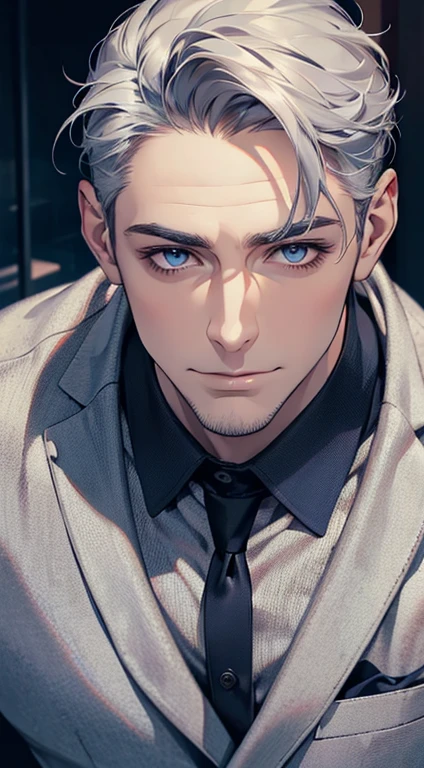 (best quality,4k,8k,highres,masterpiece:1.2),ultra-detailed,(realistic,photorealistic,photo-realistic:1.37),1 man,31 years old,mature man,very handsome,without expression,smile,short grey silver hair,blue eyes,penetrating gaze,perfect face without errors,imposing posture,businessman,office background,cinematic lighting,hdr image