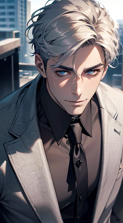 (best quality,4k,8k,highres,masterpiece:1.2),ultra-detailed,(realistic,photorealistic,photo-realistic:1.37),1 man,31 years old,mature man,very handsome,without expression,smile,short grey silver hair,blue eyes,penetrating gaze,perfect face without errors,imposing posture,businessman,office background,cinematic lighting,hdr image