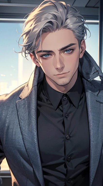 (best quality,4k,8k,highres,masterpiece:1.2),ultra-detailed,(realistic,photorealistic,photo-realistic:1.37),1 man,31 years old,mature man,very handsome,without expression,smile,short grey silver hair,blue eyes,penetrating gaze,perfect face without errors,imposing posture,businessman,office background,cinematic lighting,hdr image