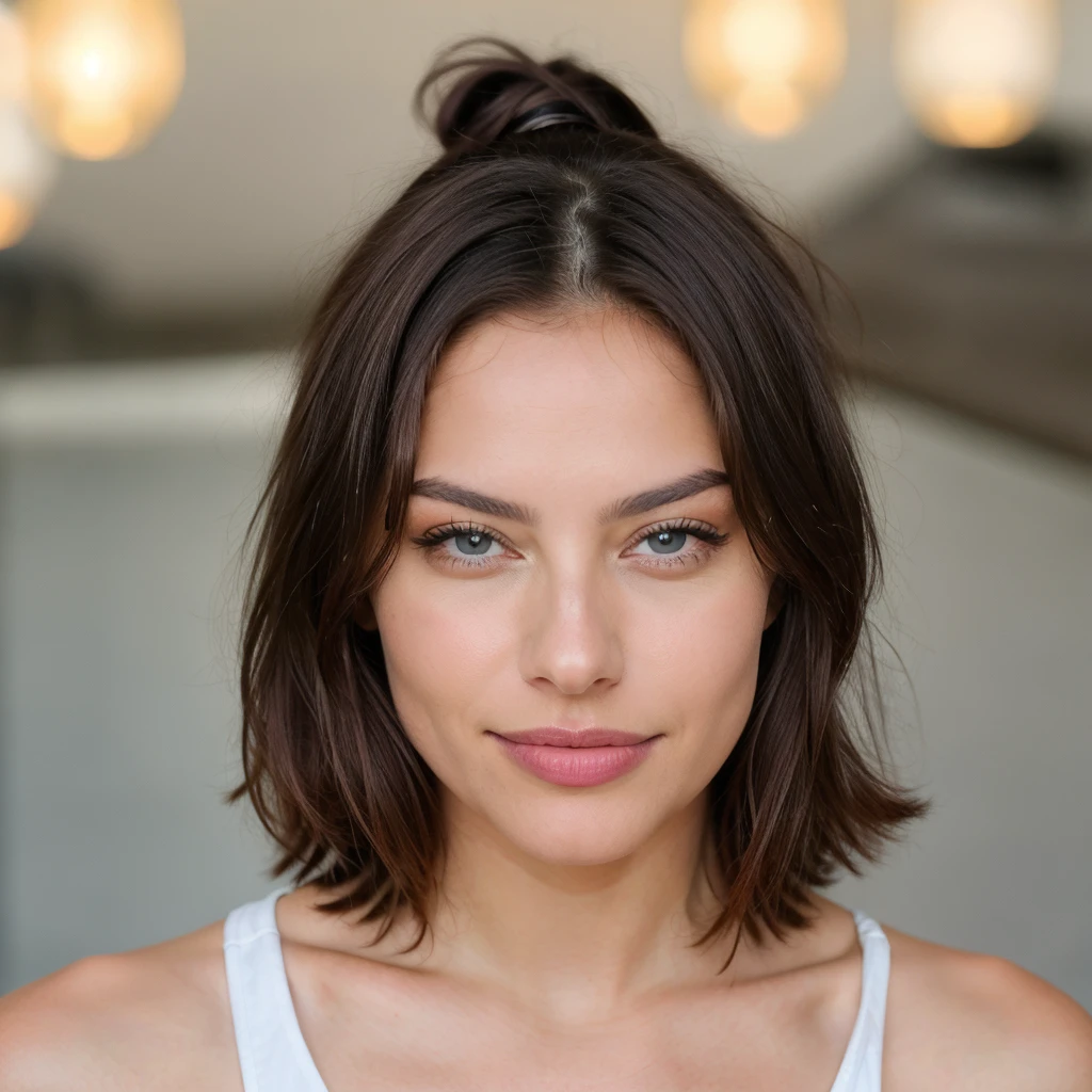 Jolie femme brune latina, yeux bleu, nue, très détaillée, 25 ans, visage innocent, cheveux naturellement ondulée, haute résolution, chef-d'oeuvre, meilleure qualité, détails complexe, peau détaillée, réaliste haute texture, texture yeux détailles, profesionnel, 4K sourire charmant, prise avec Canon, 90 milimètres, profondeur de champ, kodak vision couleur, corps parfaitement ajusté, extrêmement détaillé, photoreéalisten réaliste, post-traitement, vrai vie