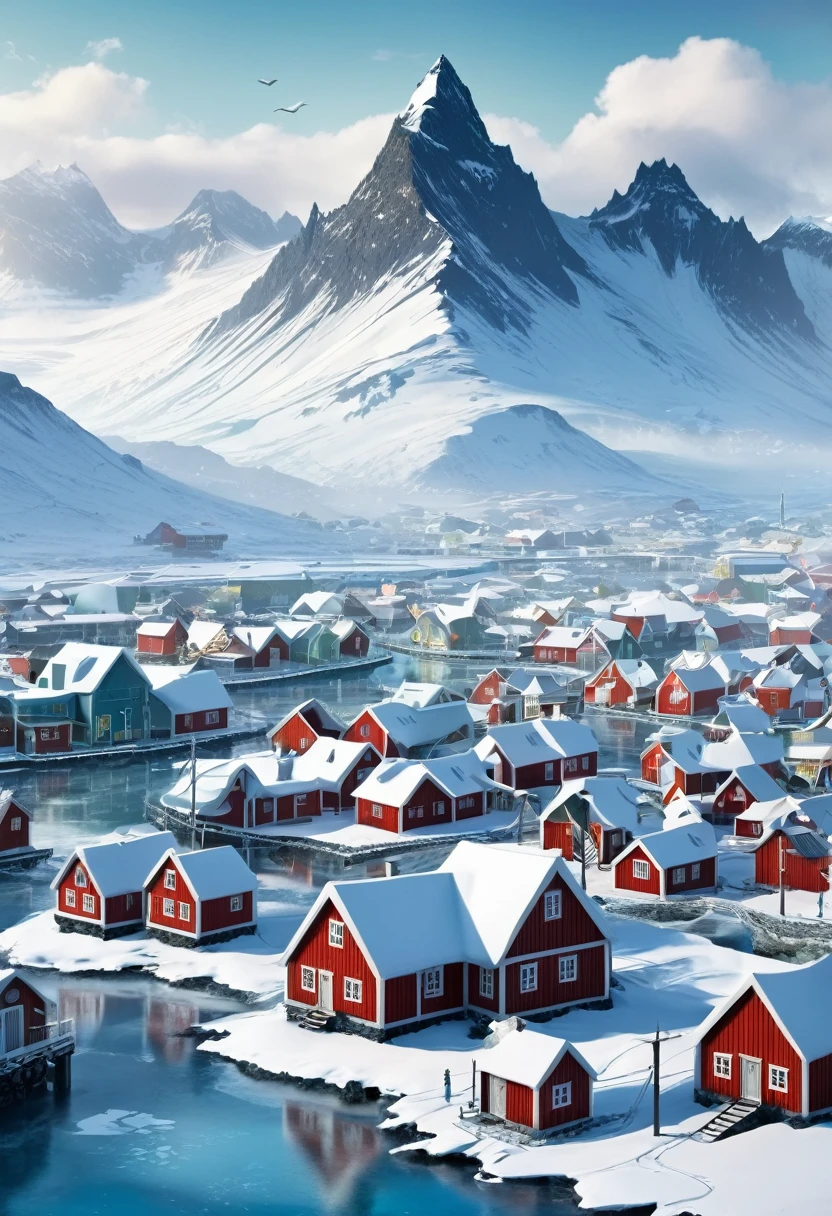 Make me a winter town inspired by Iceland and Norway, with icy mountains in the background, modern norse mythology.