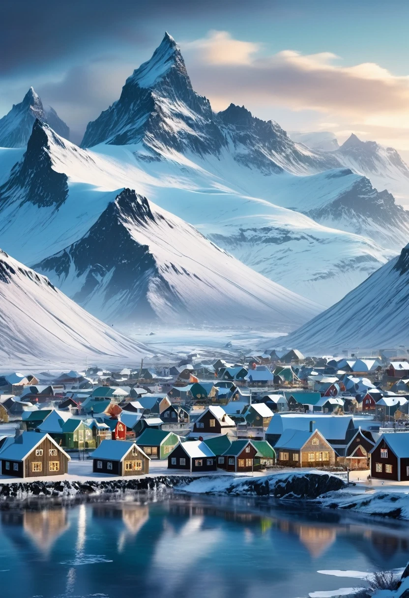 Make me a winter town inspired by Iceland and Norway, with icy mountains in the background, modern norse mythology.