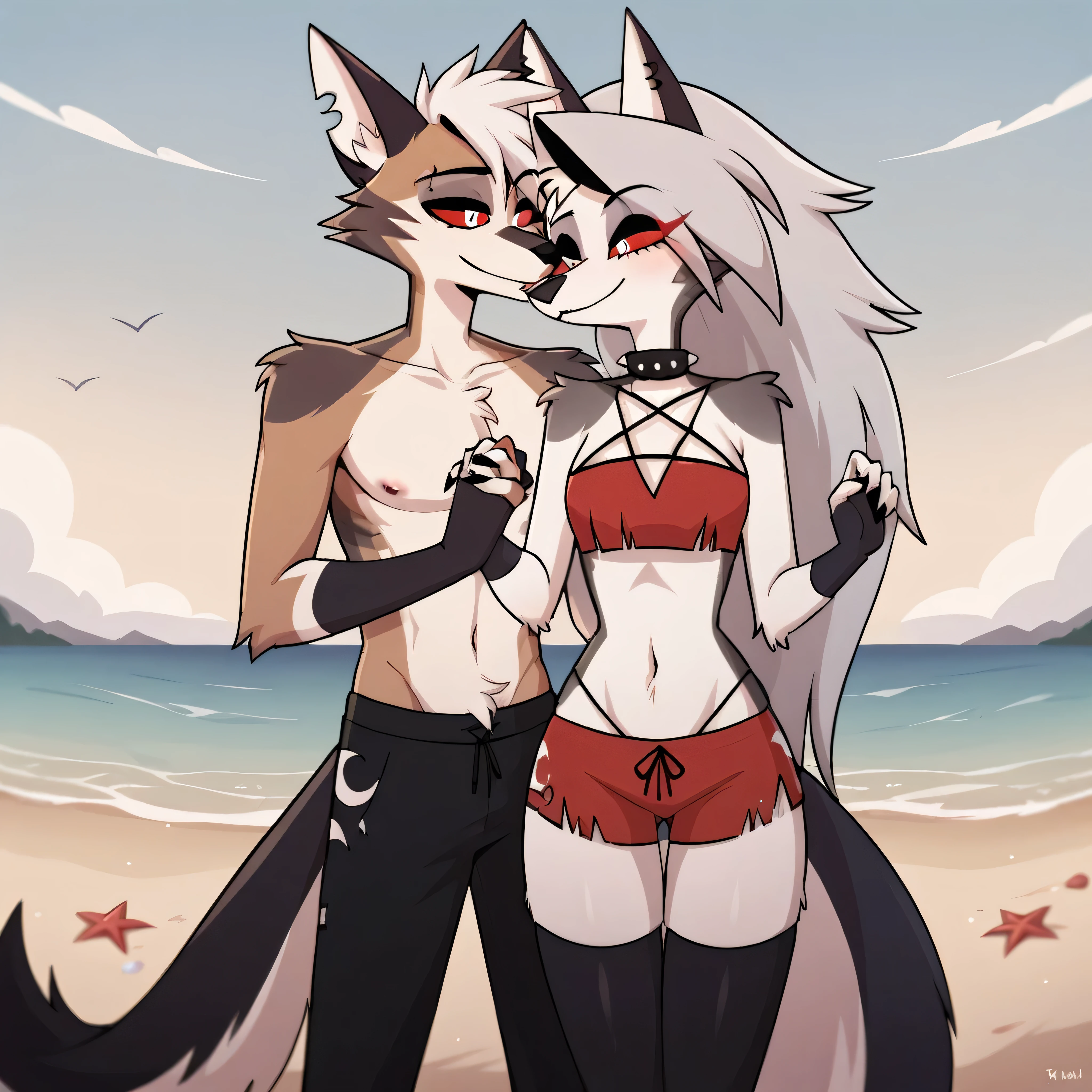 score_9, score_8_up, BREAK, source_anime, uncensored, perfect body, slim, thigh highs, fingerless gloves,
anthro, furry, pose, sexy,
Loona \(Helluva Boss\), NSFW, red swimsuit, bikini, head back, anthro male maned wolf with long spiked white hair and black face, black boxers, blushing, high detail, walking on beach, holding hands, smiling, open eyes, larger male, cuddling