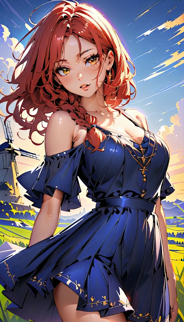 (highest quality, masterpiece:1.2), Very detailed, Vibrant, digital coloring, High Contrast, highest quality, Best aesthetics, 1 female, red Hair, (single braid:1.5), messy hair, vivid yellow eyes , (Blue Dress AND off shoulder:1.4), (fantasy landscape:1.4), windmill, countryside, Bright lighting, Beautiful world, New World, Blown by the gentle wind, (hot gaze, Hot, beautiful lips, Glossy, Open Mouth, Leaking sigh), Accurate, Cowboy Shot, seductive smile, The beauty and danger of growing from a girl to an adult, A symbol of miraculous beauty