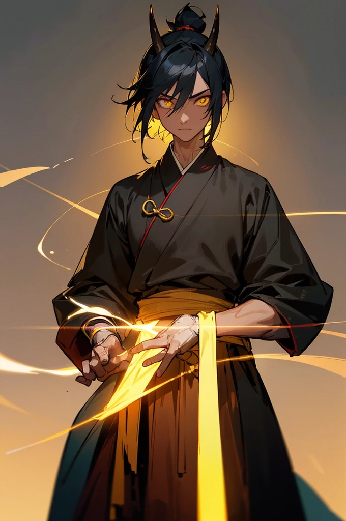(high-quality, breathtaking),(expressive eyes, perfect face) 1boy, male, solo, young adult, black hair, yellow eyes, (short spiky hairstyles) short hair length, (dark skin), soft serious expression, Monk profession, martial artist, well built body, pants, knuckle bandages, environment background, fantasy clothing, fantasy attire, DnD Monk Class, oriental monk, half body, ancient Chinese swordsman hanfu, body tattoos, tribal body art, wuxia, black and gold clothing palette, ((tan skin color)), monk, bandage wrapped forearms, fantasy, (Dragon tattoo), (big Stigmata), character focus, ((black light)),((dark lighting)), cinematic lighting ,(darkness), (concept art), (glowing eyes), high resolution, extremely detailed CG unity 8k wallpaper, ((masterpiece)), ((top-quality)), (beautiful illustration), ((an extremely delicate and beautiful)), (masterpiece, Best quality, ultra high resolution), glowing yellow eyes, Luminous_eyes, ultra detailed eyes, Beautiful and detailed face, detailed eyes, (Centered, torso), (wide shot:0.9), facing the viewer, Eye level, (1 small black horn on top of head), gloves, horn, 1 horn, lightning aura, lightning arcing off body, lightning, arms in pockets