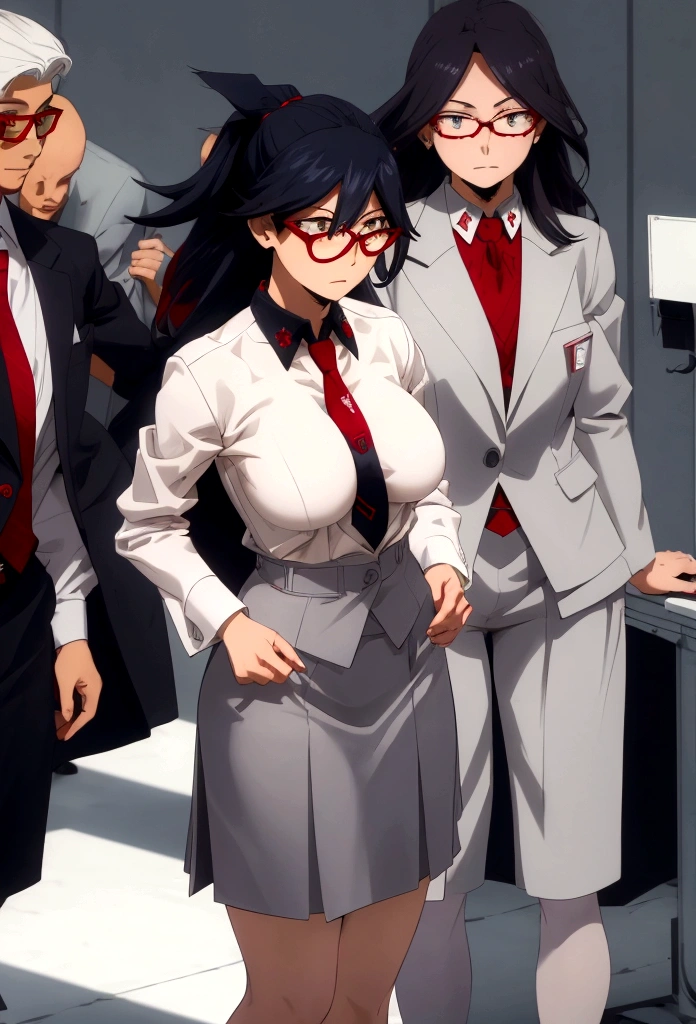 ((Best Quality)), ((Masterpiece)), (detailed), 1 girl, gray tailored suit, White shirt, tie, short gray skirt, red stockings, Red shoes. Nemuri Kayama, glasses, big breasts, medium glutes