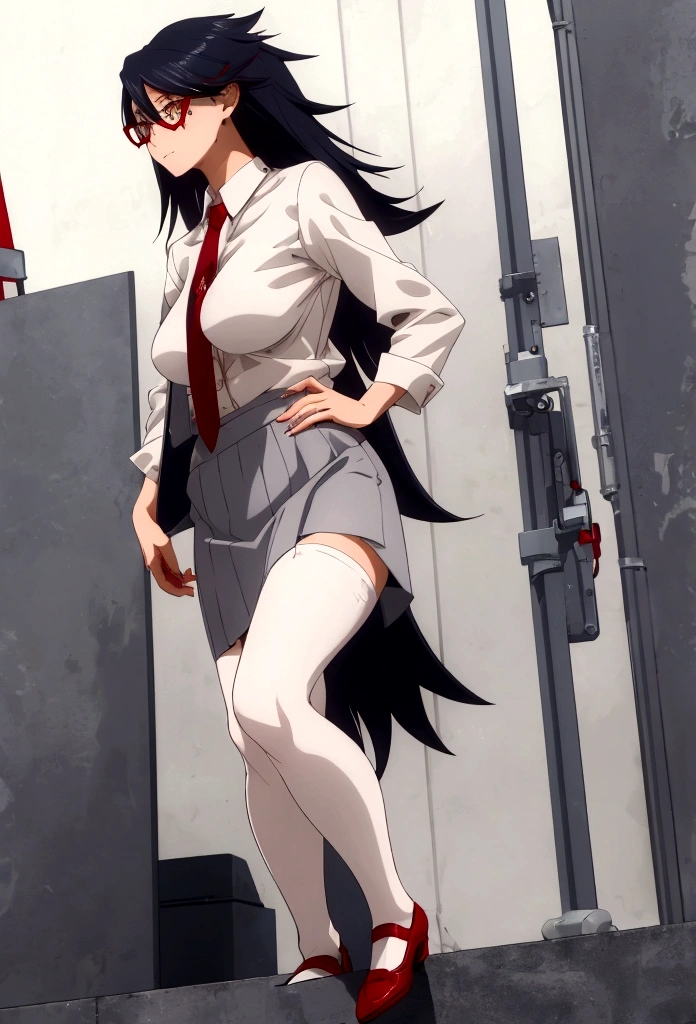 ((Best Quality)), ((Masterpiece)), (detailed), 1 girl, gray tailored suit, White shirt, tie, short gray skirt, red stockings, Red shoes. Nemuri Kayama, glasses, big breasts, medium glutes