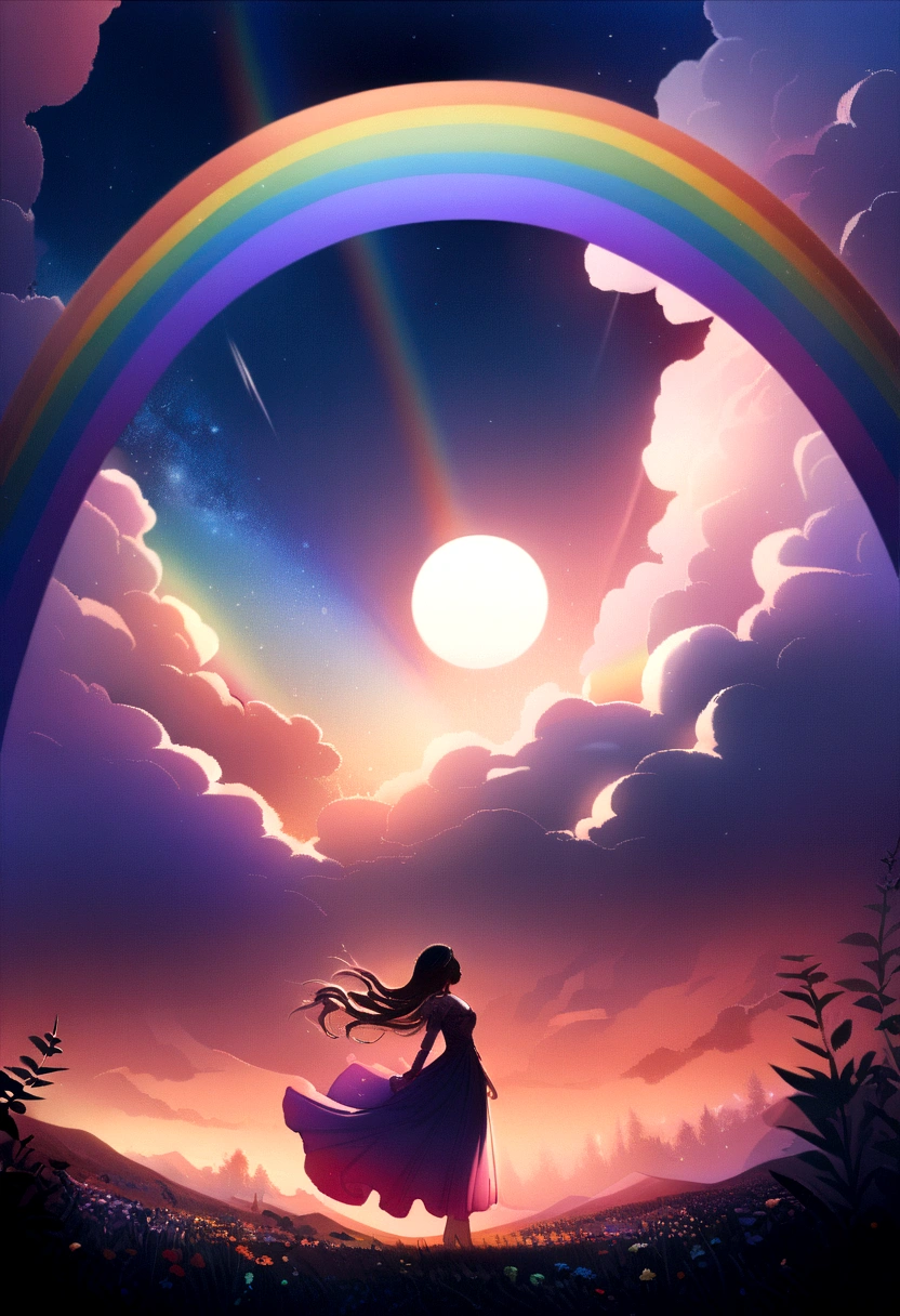 Wide landscape photo 16:9, (bottom view, the sky is higher, and an open field below), A girl stands in a flower field and looks up, (full moon: 1.2), (meteor: 0.9), (nebula: 1.3), distant mountains , Trees BREAK Craft art, (warm light: 1.2), (worldляк: 1.2), world, lots of purple and orange, complex parts, Volumetric lighting BREAK (masterpiece: 1.2), (Best quality), 4K, ultra detailed, (dynamic composition: 1.4), Rich in detail and color, (The color of the rainbow: 1.2), (worldиться, atmospheric lighting), Dreamy, magic, (One: 1.2)