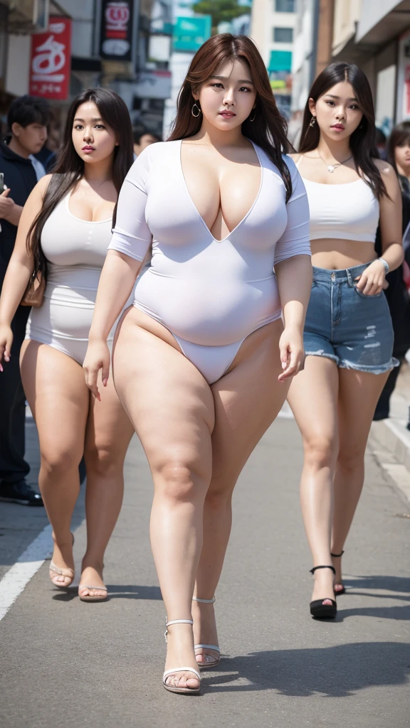 Masterpiece, highest quality, ultra-detailed, highest resolution, 32K quality, highlights,(Extreme obesity), super curvy Korean beauty, four idols, super real-life, walking towards you, please move with these in mind.