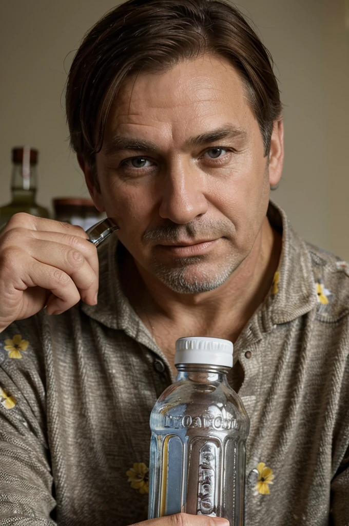 ((best quality)), ((masterpiece)), (detailed), perfect face 50-year-old man with slightly graying brown hair holding a bottle of cheap vodka wearing a colorful shirt and the photo must be taken from an angle below