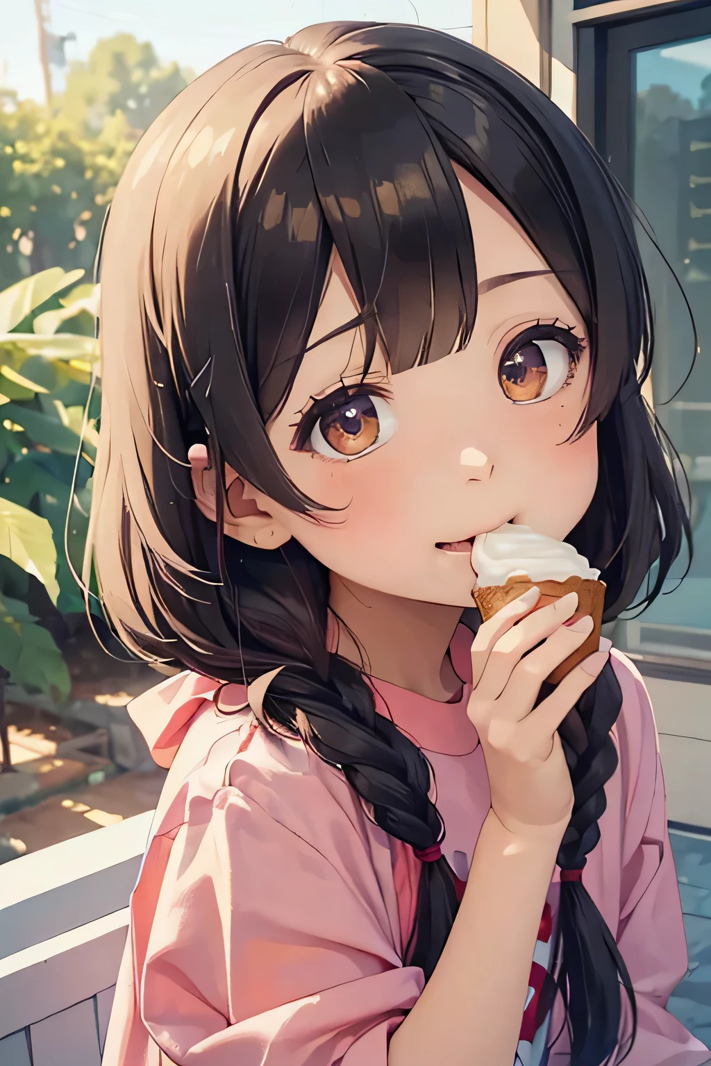 Highest quality、High resolution、Detailed Background、(Beautiful face in every detail:1.4)、Anatomically correct、Normal number of fingers、(Detailed eyes:1.2)、age Girl、Highly detailed face、cute hair color、Braided bob cut、Braided Ponytail、Cute gestures、

Hot summer day、My daughter has a red ice cream in her hand、Pop it into your mouth、Love the sweet and sour taste、
Make a squelching sound、Desperately licking to eat quickly、
Don&#39;t melt in a hurry、The sight of people stuffing their cheeks with each bite、Occasionally sticking out his tongue、Lick the rest of the ice cream、
With big eyes showing joy、I still want to eat more、
Ice creams arranged on top of ice packs、They look like they&#39;re happily wondering which color to choose next.、
Just seeing your smile makes me happy、The sight of him eating with fascination、cute