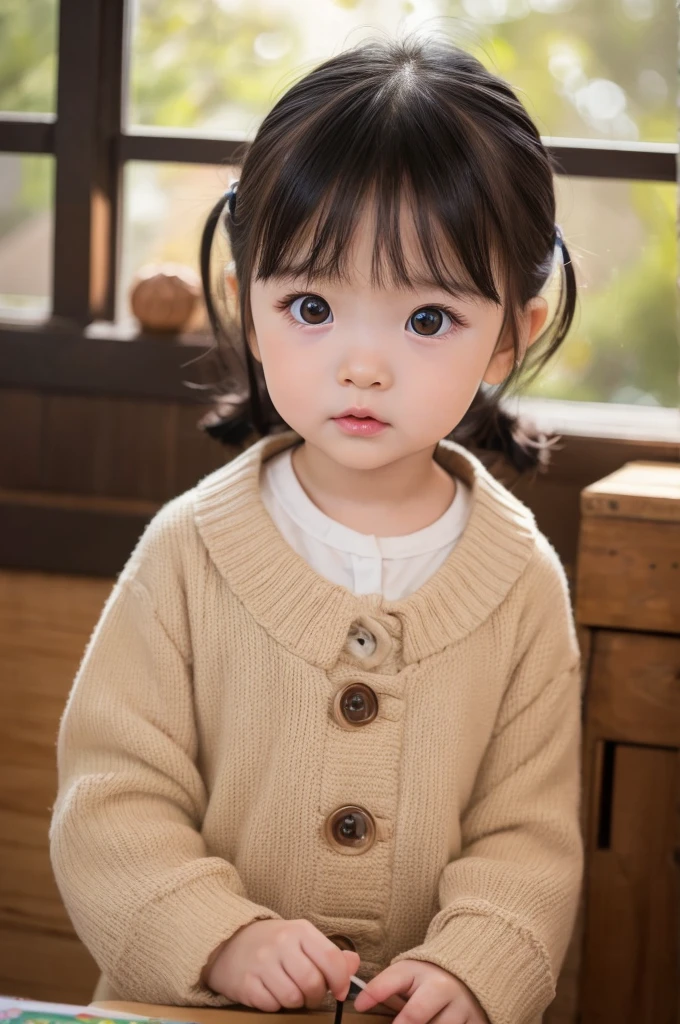 A cute and realistic baby girl with Chinese features. She has large, expressive eyes, soft, rounded facial features, and thick black hair. She is focused on a colorful children's book with a cute hair clip in her hair. The background includes a cozy home interior with warm lighting and soft, earthy tones.