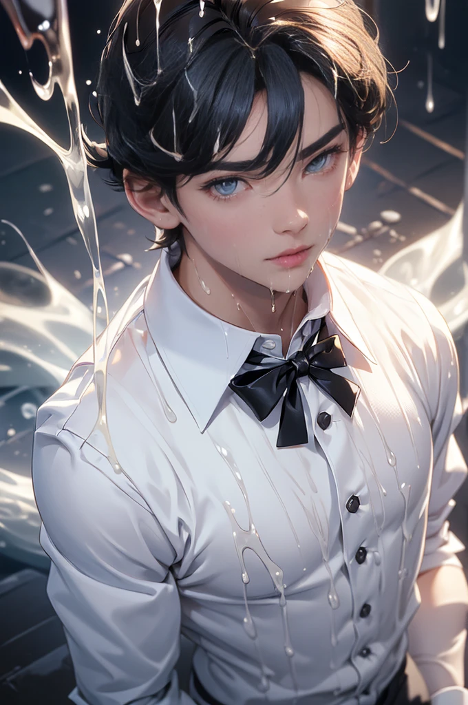 sexy boy, (((cute and wet white shirt)) ), extremely detailed, hyper detailed, (((perfect face)), soft lighting, ((best quality)), cute face, (wet white semen ),(( 1 boy)),((fair skin, black hair, Shiny highlights on eyes, bulging crotch,His Chest are tingling,erotic.)),men, human ,only boy,((boy 16 year old,thin body and cute)), horny boy,innocent boy,slut boy