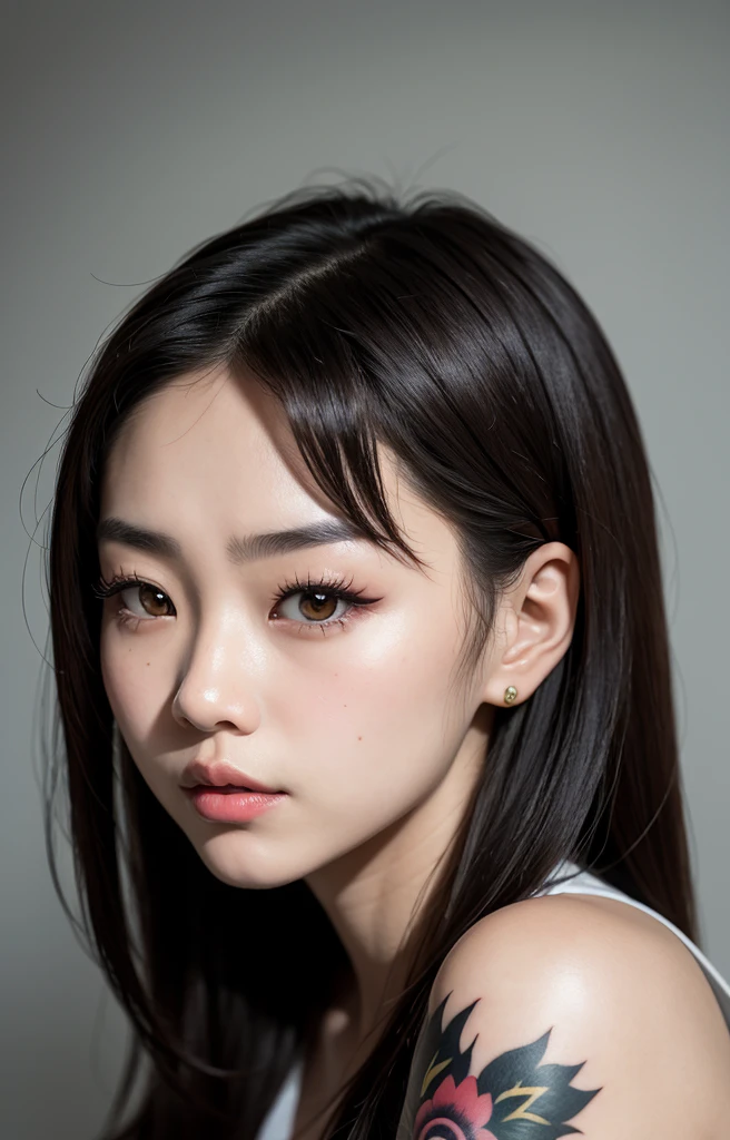 Closeup of a woman with a tattoo on her arm, Beautiful aesthetic face, realist. Cheng Yi, Wan adorable korean face, beautiful asian girl, young and adorable korean face, korean girl, young cute wan asian face, Taiwanese girl with tattoos, South Korean popular makeup, cute-fine-face girl, detailed face of a asian girl, Korean face features, big thick and pompous lips, serious expression
