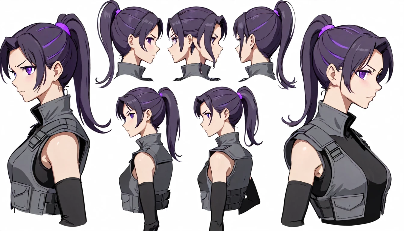 multiple views,reference sheet, model sheet, One Mature female,human, Dark hair with purple strands, Ponytail, purple eyes,black outfit,wearing gray bulletproof vest, neutral expression,Looking in Front,Head Shot,Front facing view,Back view,Side view,Top view,beautiful, masterpiece, best quality, perfect lighting,8k,simple white background.