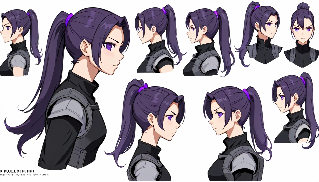 multiple views,reference sheet, model sheet, One Mature female,human, Dark hair with purple strands, Ponytail, purple eyes,black outfit,wearing gray bulletproof vest, neutral expression,Looking in Front,Head Shot,Front facing view,Back view,Side view,Top view,beautiful, masterpiece, best quality, perfect lighting,8k,simple white background.