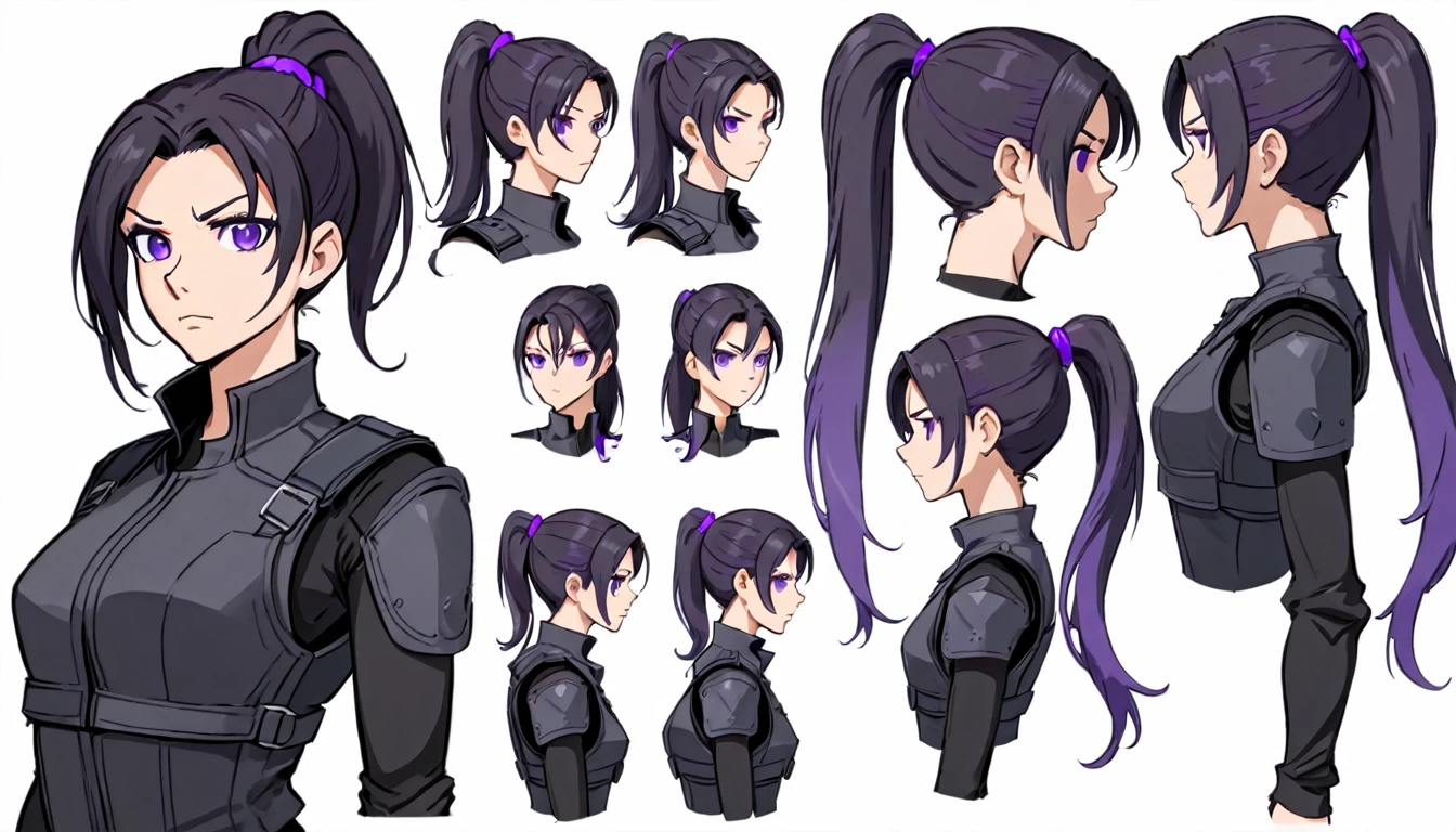 multiple views,reference sheet, model sheet, One Mature female,human, Dark hair with purple strands, Ponytail, purple eyes,black outfit,wearing gray bulletproof vest, neutral expression,Looking in Front,Head Shot,Front facing view,Back view,Side view,Top view,beautiful, masterpiece, best quality, perfect lighting,8k,simple white background.