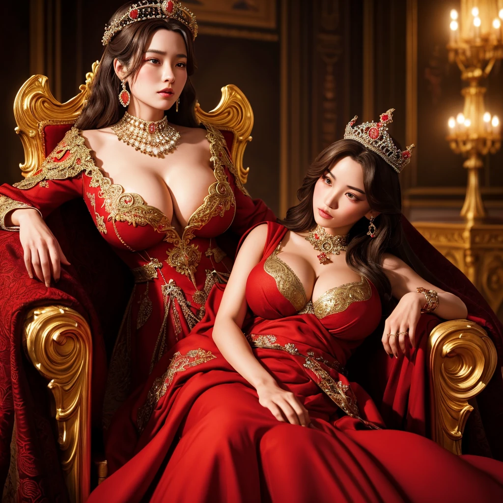 a woman with exaggerated large breasts, confident sitting on a throne, wearing a gorgeous red dress, a large ornate crown on her head, looking down at the viewer, detailed facial features, hyper-realistic, 8k, ultra-detailed, photorealistic, masterpiece, dramatic lighting, cinematic, oil painting、She is a Japanese woman、She is protected by the knights.