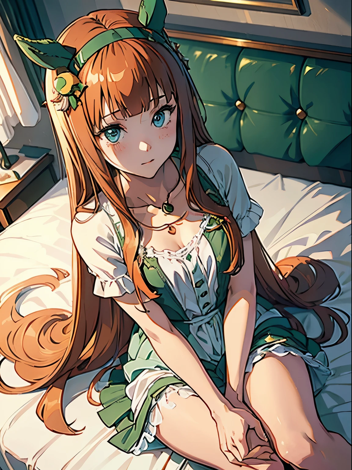 aasuzuka, long hair, animal ears, 1 girl, Solo, Cute Girl,Best Quality, Ultra-detailed, 8K, High resolution, detailed face, sitting on the bed, (((negligee,)))