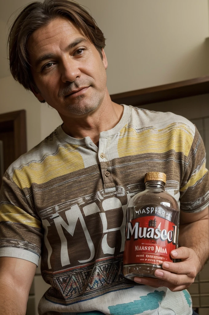 ((best quality)), ((masterpiece)), (detailed), 50-year-old man with slightly graying brown hair holding a bottle of cheap vodka wearing a colorful shirt and the photo must be taken from an angle below