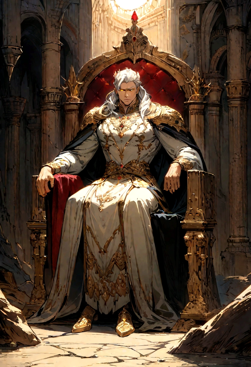 A white-haired, golden-eyed prince sits on a majestic throne inside an abandoned palace with a crown and blood all over him. The environment around him is dark and gloomy, with cracks in the walls and cobwebs hanging there. The throne is ornate, with details in gold and precious stones, and is covered by a dusty cloth. The protagonist is wearing royal clothing, with a determined expression on his face, as he stares at the horizon with glowing golden eyes, masterpiece, best quality, ultra-detailed, illustration, 8k resolution concept art, fantasy art, epic art, concept art wallpaper 4k, deep color, natural lighting. adult, handsome, tall muscular guy, broad shoulders.