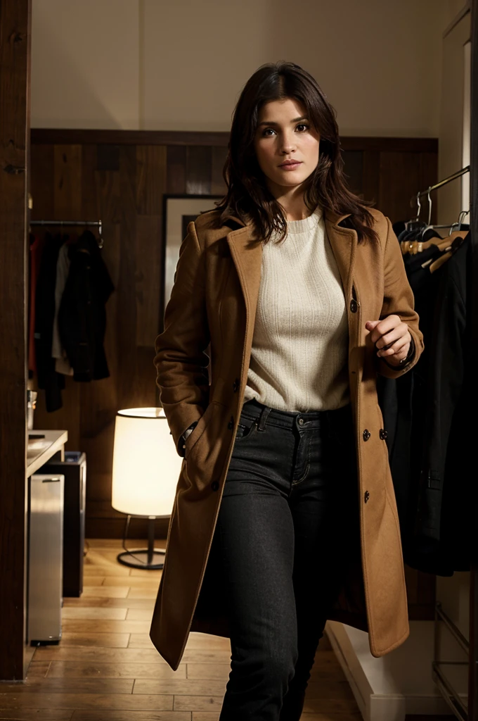 Gemma Arterton, brown coat, black jeans