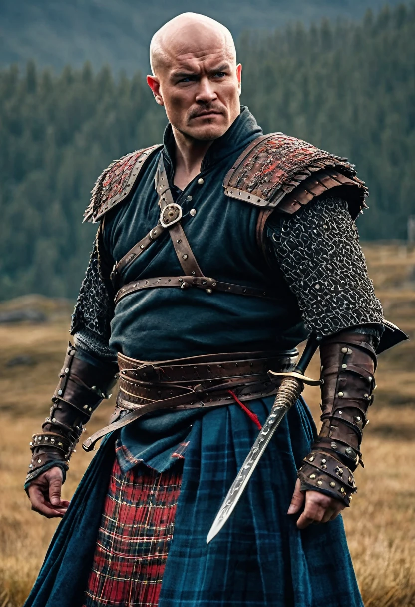 A full body a bald man as Highlander Immortal Warrior, cinematic, best quality