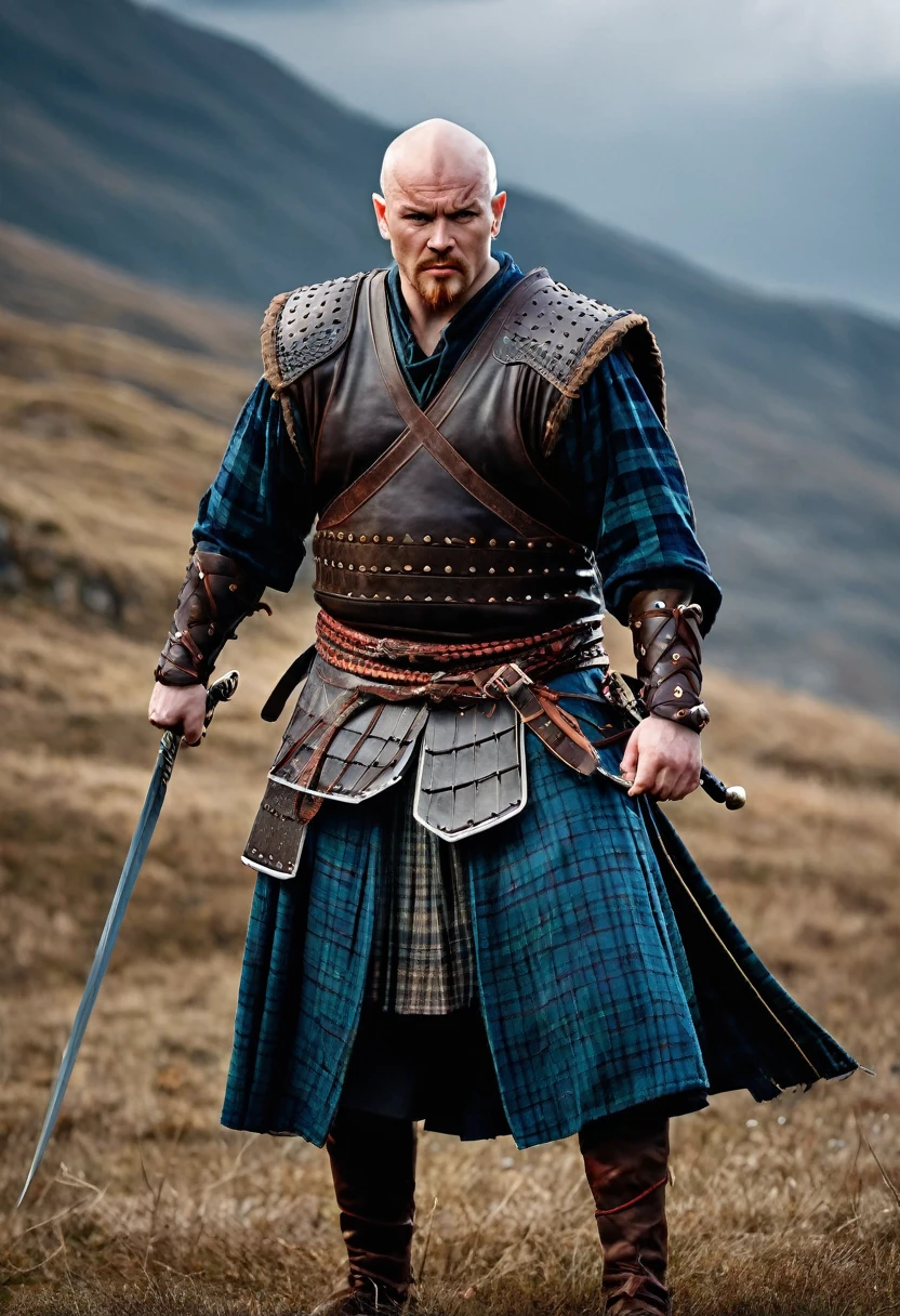 A full body a bald man as Highlander Immortal Warrior, cinematic, best quality