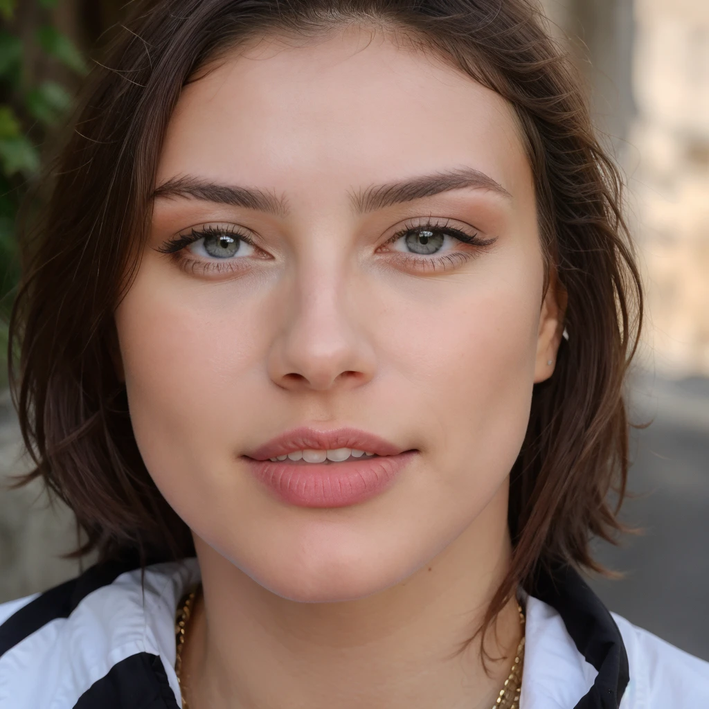 Jolie femme brune latina, yeux bleu, mange une glace en terasse, très détaillée, 25 ans, visage innocent, cheveux naturellement ondulée, haute résolution, chef-d'oeuvre, meilleure qualité, détails complexe, peau détaillée, réaliste haute texture, texture yeux détailles, profesionnel, 4K sourire charmant, prise avec Canon, 90 milimètres, profondeur de champ, kodak vision couleur, corps parfaitement ajusté, extrêmement détaillé, photoreéalisten réaliste, post-traitement, vrai vie